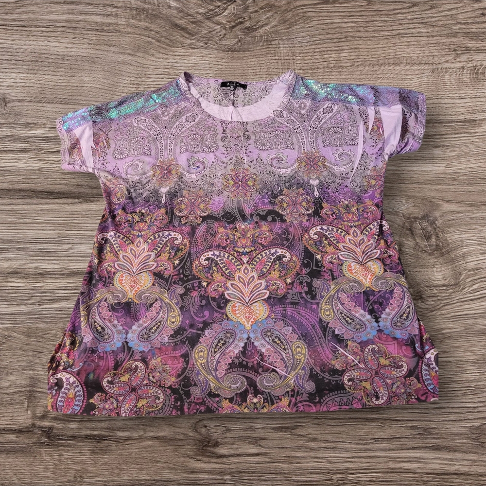 B.L.E.U. Size 1X Womens Colorful Paisley Cap Sleeve Top Glitter EUC